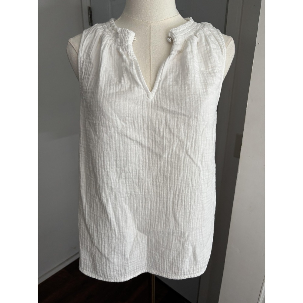 Boden Blouse Womens 4 White Crinkle Cotton Sleeveless Ruffle V Neck Top Summer